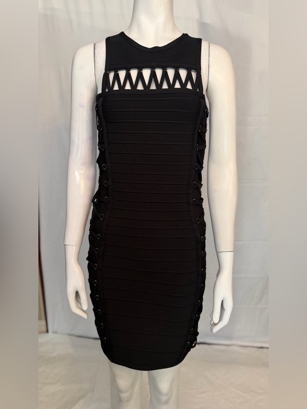 Black Strapless Lace-Up Bandage Midi Dress